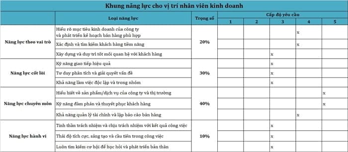 Mẫu ví dụ khung năng lực cho vị trí nhân viên kinh doanh