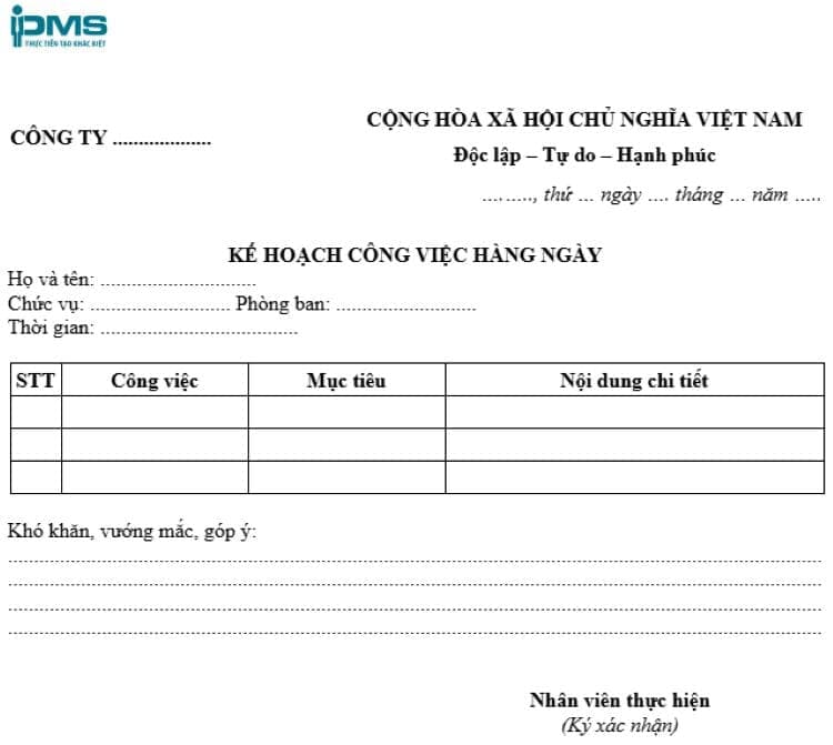 Mẫu kế hoạch công việc hàng ngày