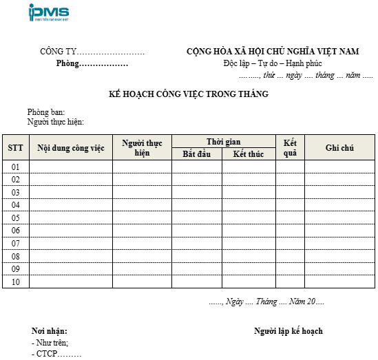 mẫu kế hoạch công việc hàng tháng