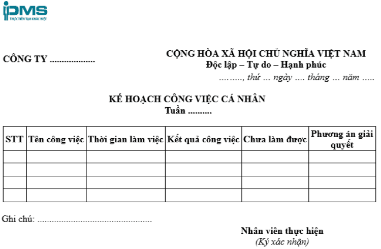 mẫu kế hoạch công việc cá nhân